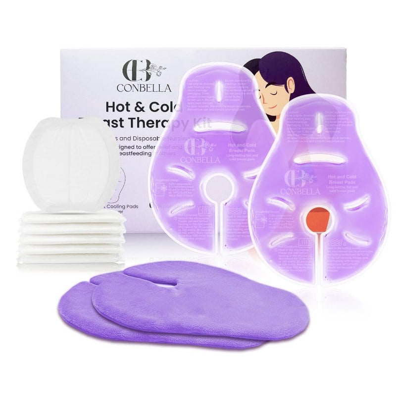 CONBELLA 2 Larger Breast Ice Packs with Soft Covers and 6 Breast Pads for Leaking Milk, Hot and Cold Breast Therapy Packs, Breastfeeding Essentials for Relief of Clogged Ducts, Nipple Pain, Engorgement - Image 1